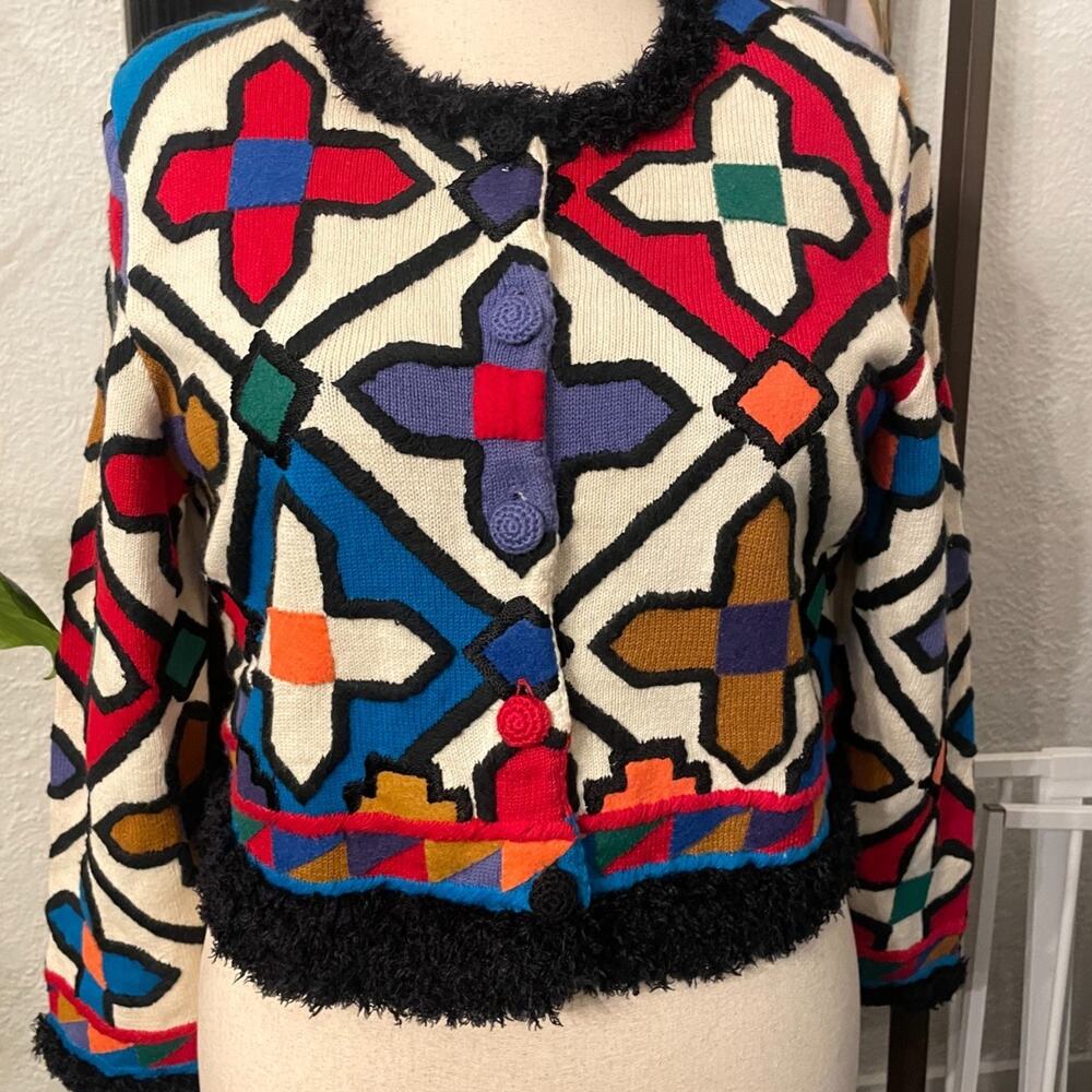 Vintage 90s Michael Simon L Stained Glass Wearable Art Cardigan Maximalist Twee